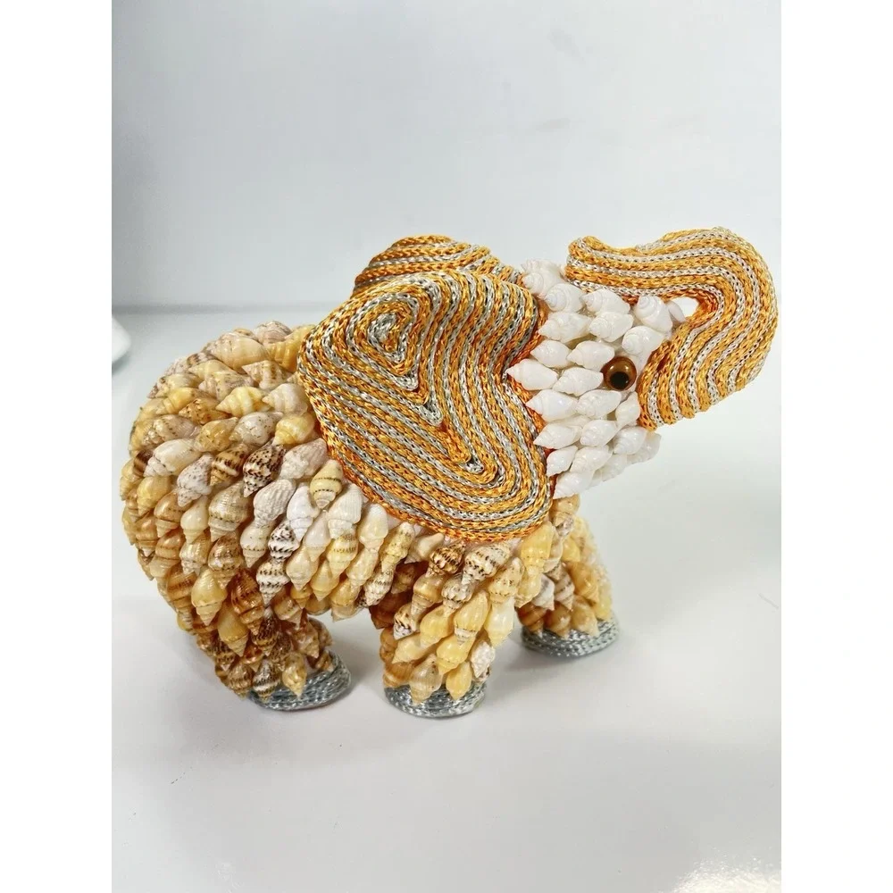 Mid-Century Boho Coastal Chic Seashell & Yarn‎ Handmade Elephant Figurine Luck